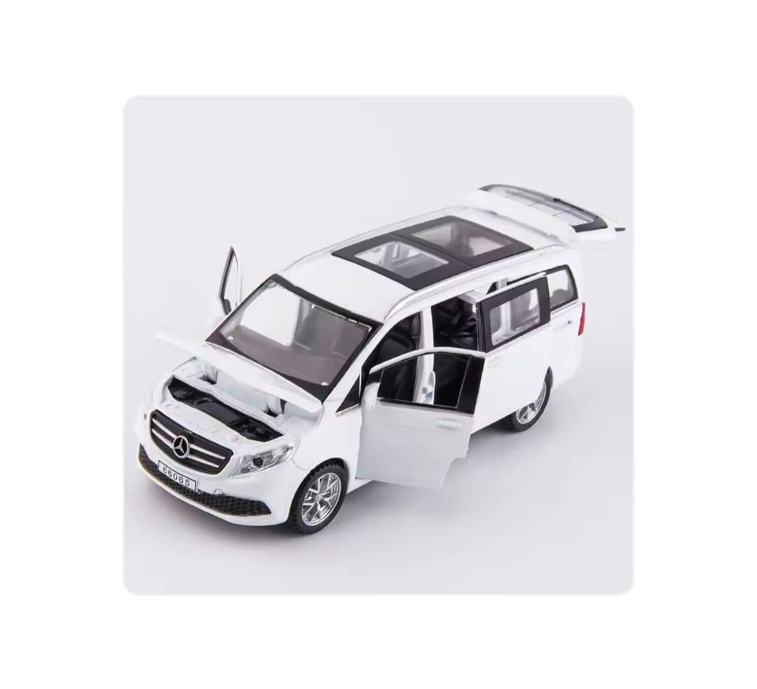 Masinuta metal mecanica, Mercedes-Benz V-Class V260, scara 1:24, usi mobile, capota mobila, portbagaj mobil, alb, 20 cm