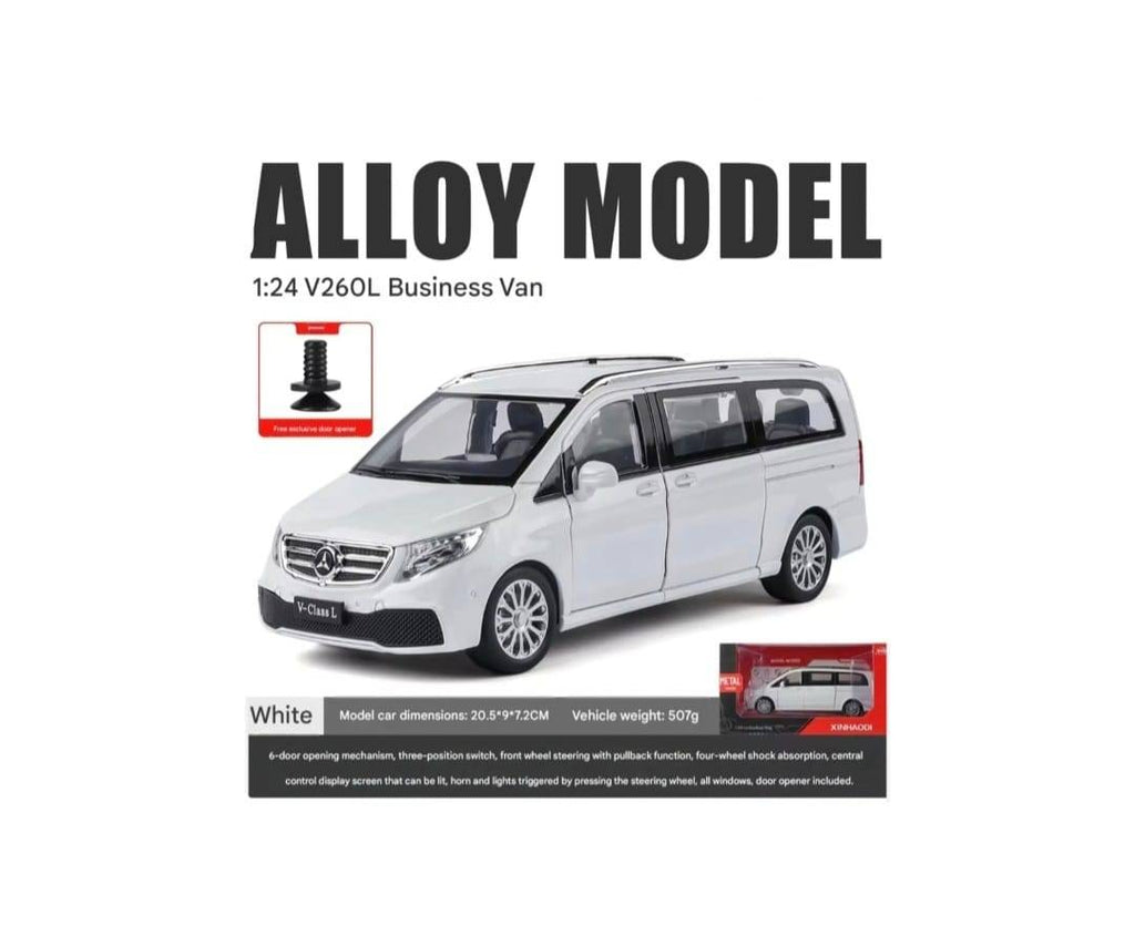 Masinuta metal mecanica, Mercedes-Benz V-Class V260, scara 1:24, usi mobile, capota mobila, portbagaj mobil, alb, 20 cm