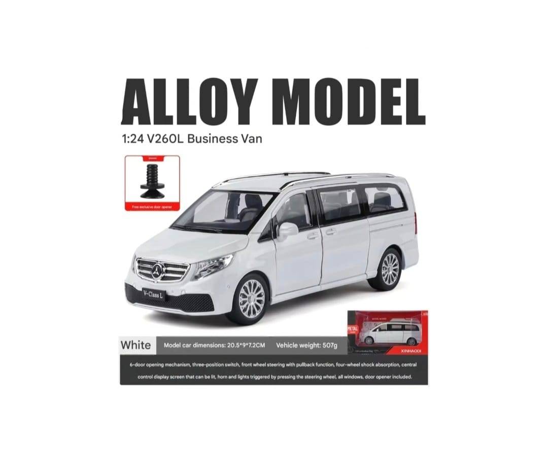 Masinuta metal mecanica, Mercedes-Benz V-Class V260, scara 1:24, usi mobile, capota mobila, portbagaj mobil, alb, 20 cm
