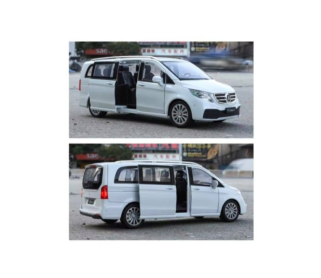 Masinuta metal mecanica, Mercedes-Benz V-Class V260, scara 1:24, usi mobile, capota mobila, portbagaj mobil, alb, 20 cm