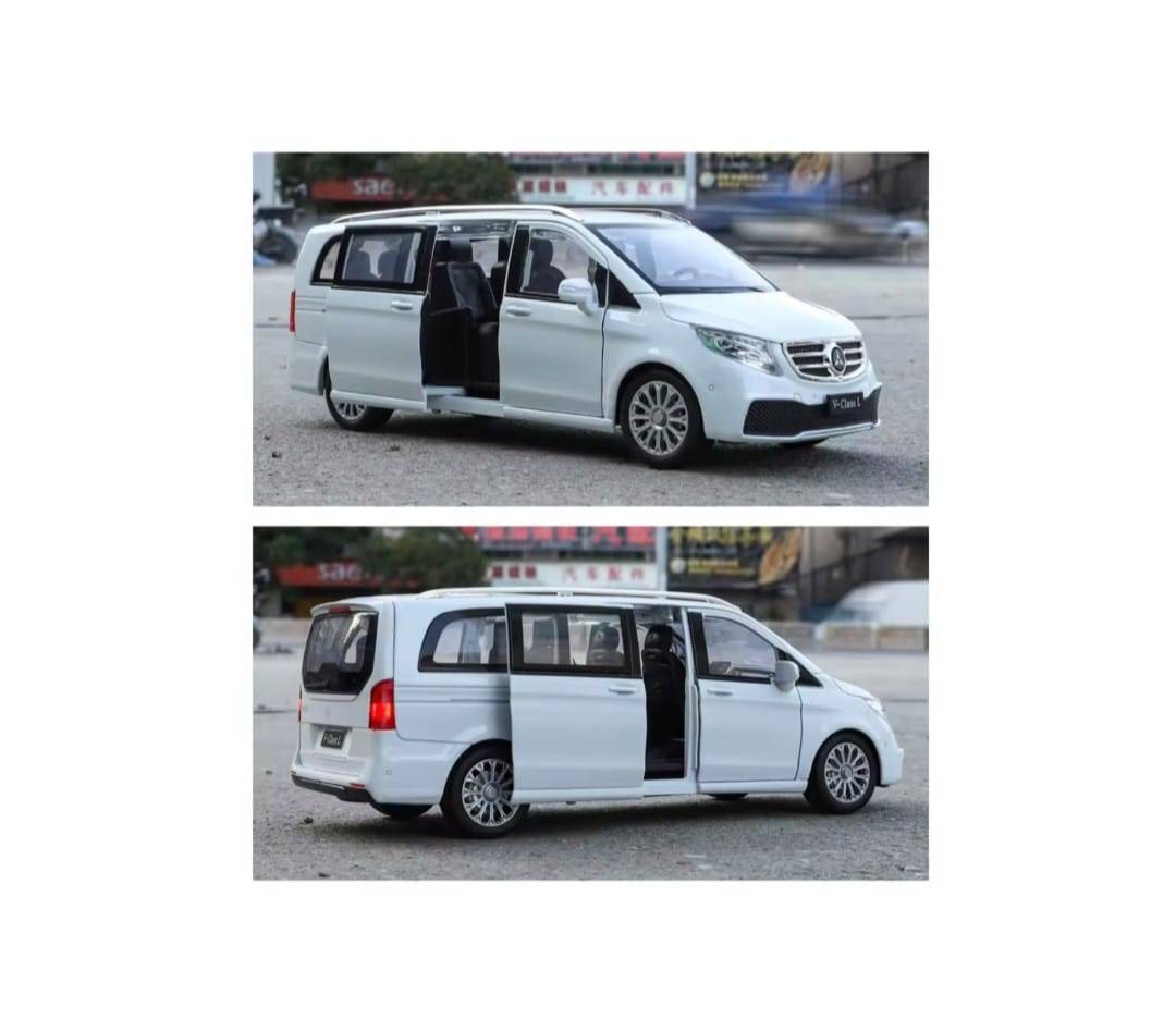 Masinuta metal mecanica, Mercedes-Benz V-Class V260, scara 1:24, usi mobile, capota mobila, portbagaj mobil, alb, 20 cm