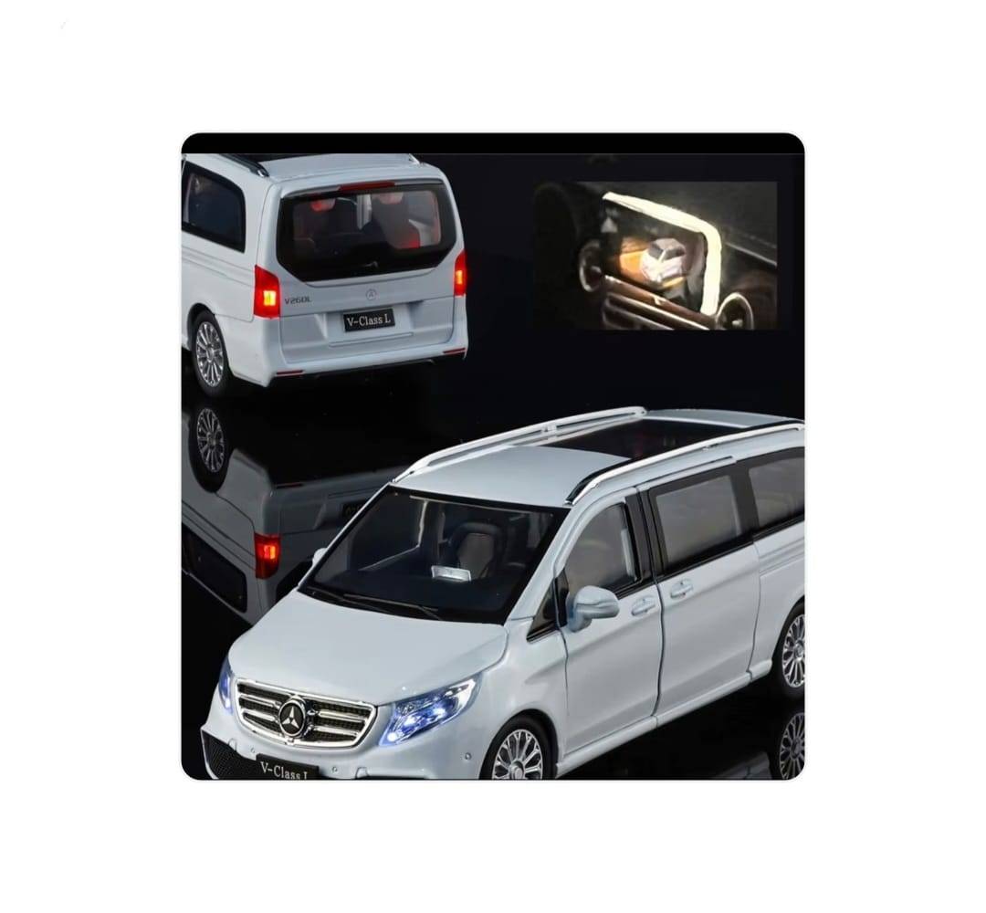 Masinuta metal mecanica, Mercedes-Benz V-Class V260, scara 1:24, usi mobile, capota mobila, portbagaj mobil, alb, 20 cm
