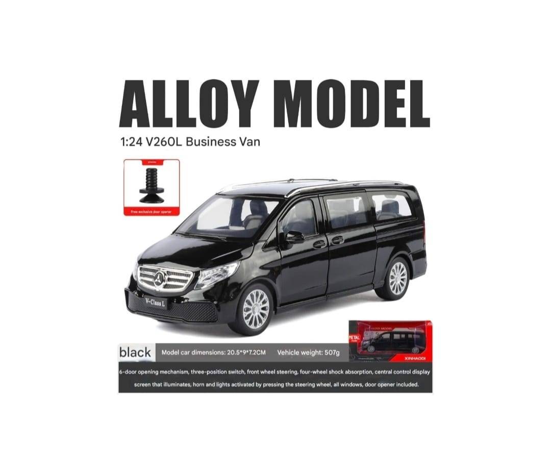 Masinuta metal mecanica, Mercedes-Benz V-Class V260, scara 1:24, usi mobile, capota mobila, portbagaj mobil, negru, 20 cm