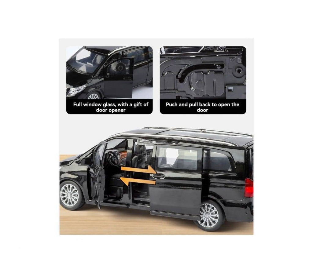 Masinuta metal mecanica, Mercedes-Benz V-Class V260, scara 1:24, usi mobile, capota mobila, portbagaj mobil, negru, 20 cm