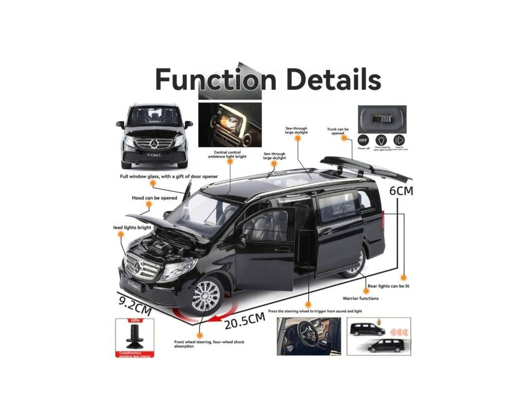 Masinuta metal mecanica, Mercedes-Benz V-Class V260, scara 1:24, usi mobile, capota mobila, portbagaj mobil, negru, 20 cm