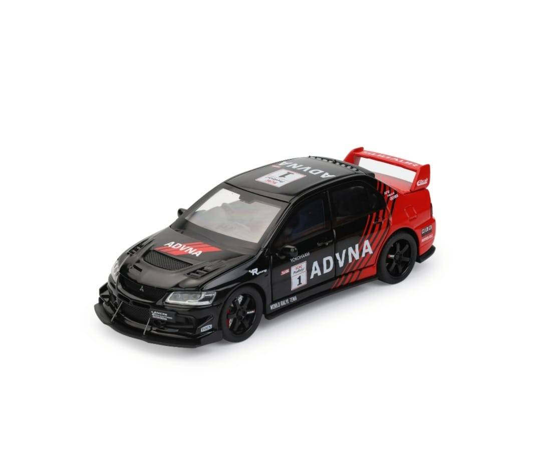 Masinuta metal mecanica, Mitsubishi Lancer Evolution, 1:32, fum, usi mobile, capota mobila, portbagaj mobil, negru, 15 cm