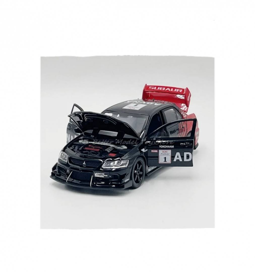 Masinuta metal mecanica, Mitsubishi Lancer Evolution, 1:32, fum, usi mobile, capota mobila, portbagaj mobil, negru, 15 cm