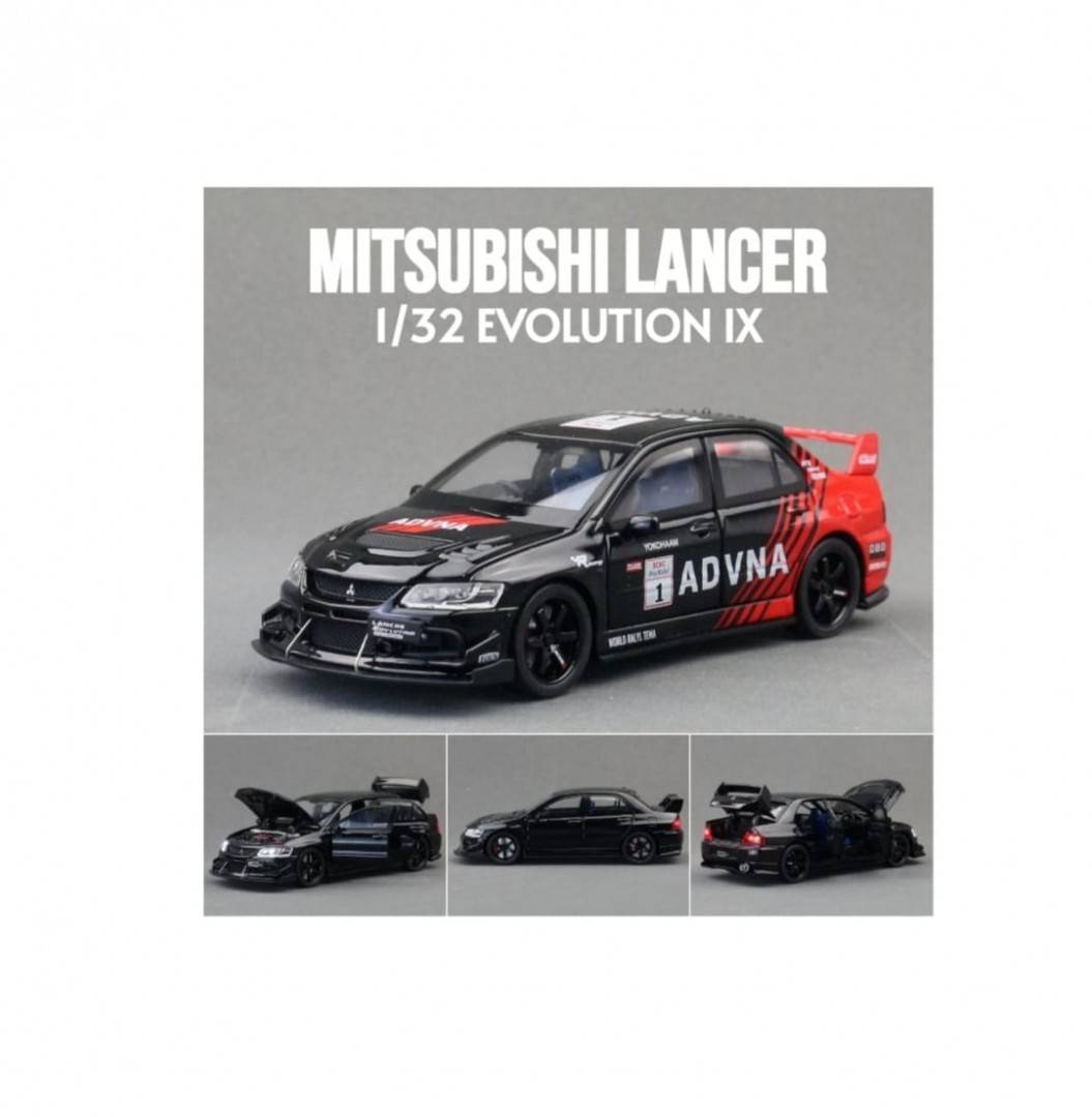 Masinuta metal mecanica, Mitsubishi Lancer Evolution, 1:32, fum, usi mobile, capota mobila, portbagaj mobil, negru, 15 cm