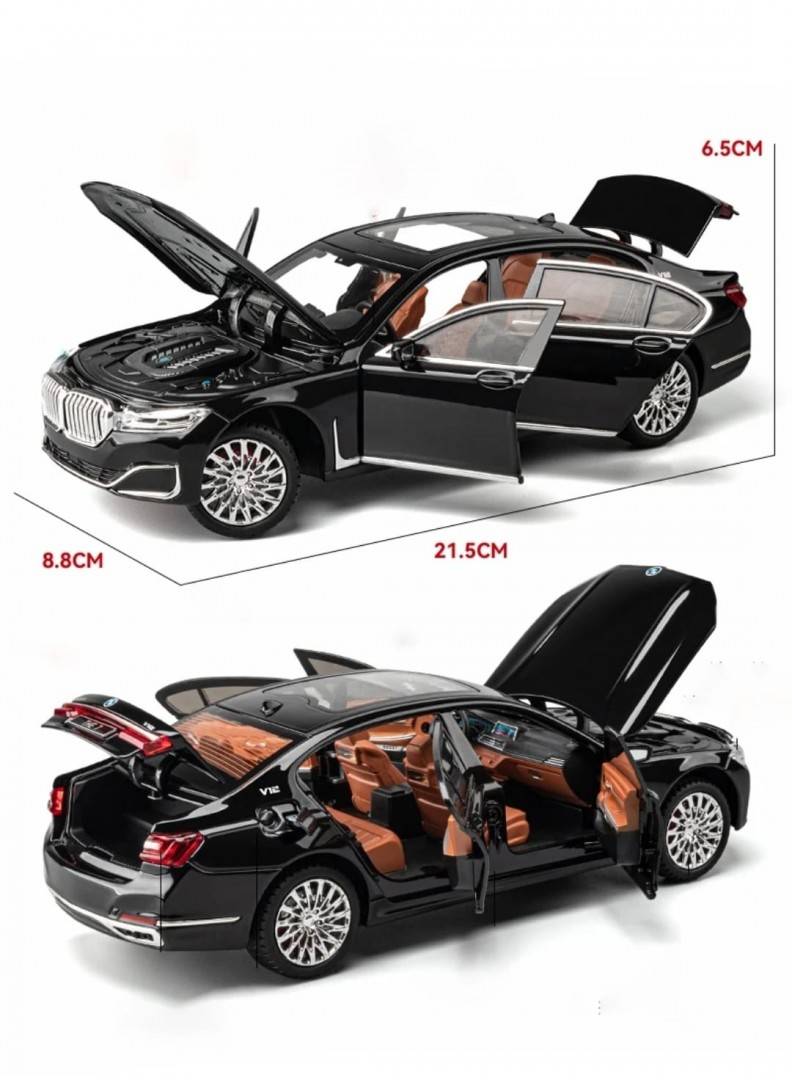 Masinuta metal mecanica, model BMW 760 THE7, scara 1:24, sunete, usi mobile, capota mobila, portbagaj mobil, negru, 22 cm