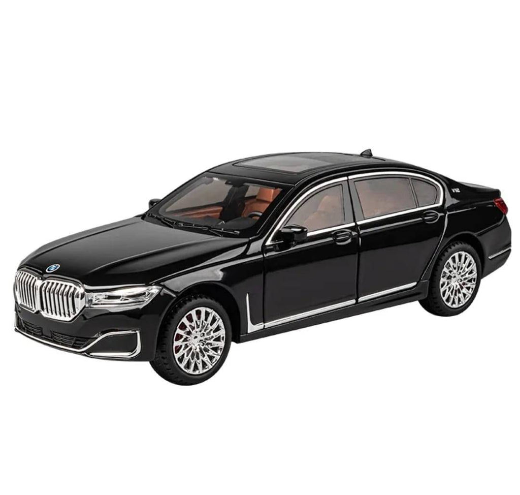Masinuta metal mecanica, model BMW 760 THE7, scara 1:24, sunete, usi mobile, capota mobila, portbagaj mobil, negru, 22 cm
