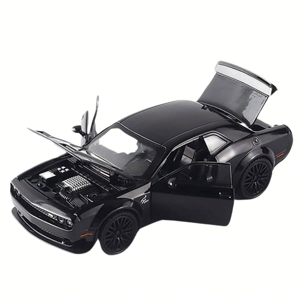 Masinuta metal mecanica, model Dodge Challenger, scara 1:32, sunete, usi mobile, capota mobila, portbagaj mobil, negru, 15 cm
