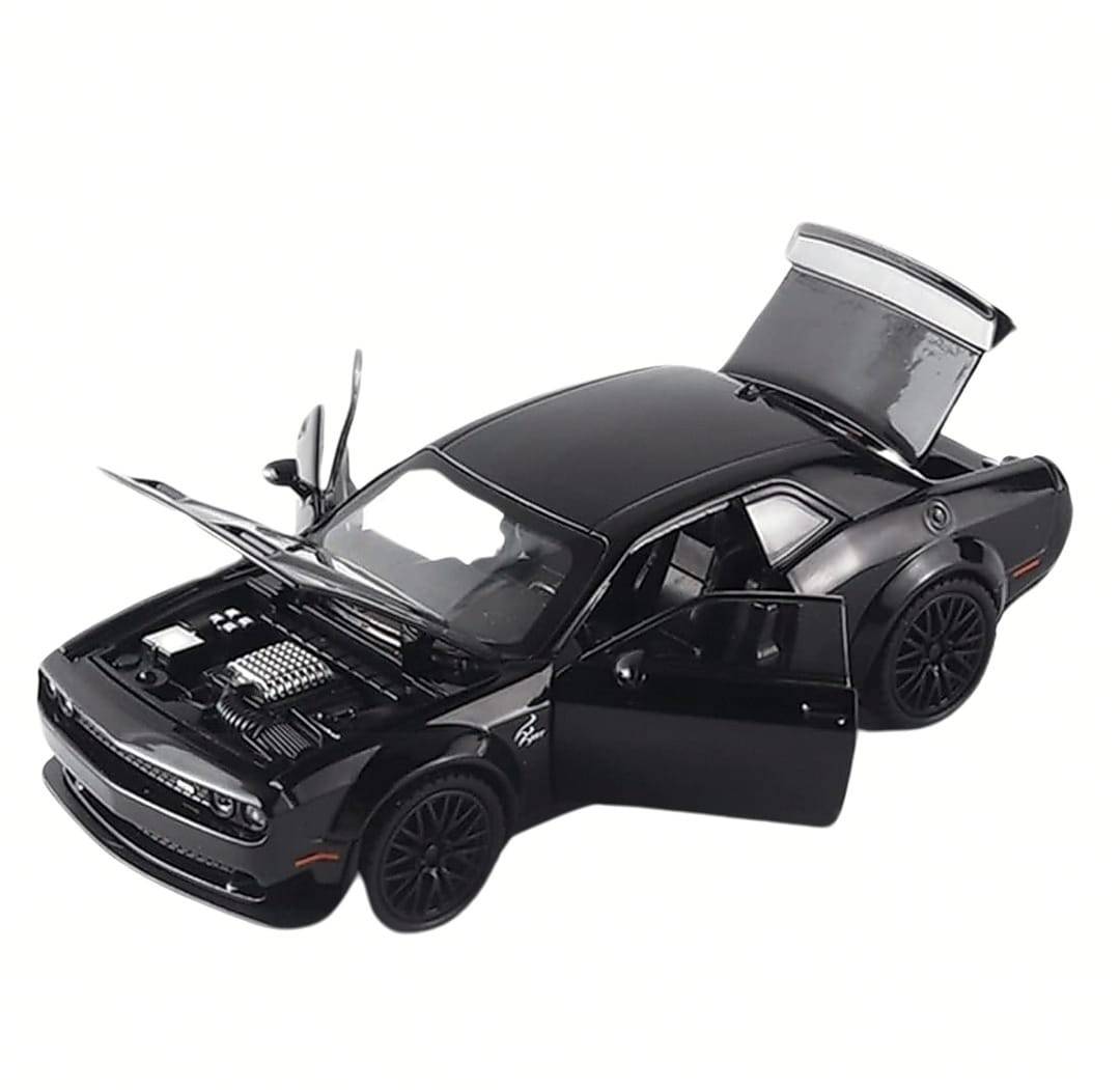 Masinuta metal mecanica, model Dodge Challenger, scara 1:32, sunete, usi mobile, capota mobila, portbagaj mobil, negru, 15 cm