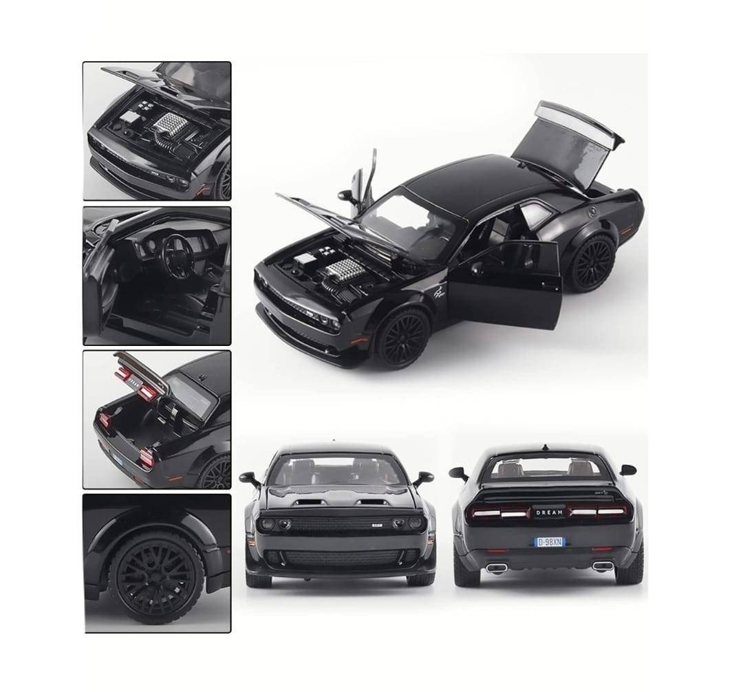 Masinuta metal mecanica, model Dodge Challenger, scara 1:32, sunete, usi mobile, capota mobila, portbagaj mobil, negru, 15 cm