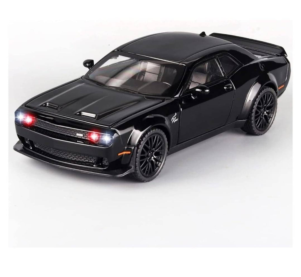 Masinuta metal mecanica, model Dodge Challenger, scara 1:32, sunete, usi mobile, capota mobila, portbagaj mobil, negru, 15 cm