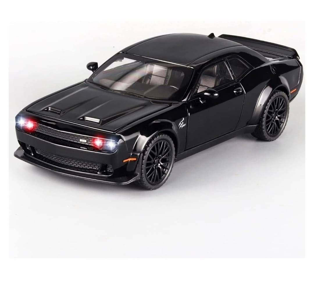 Masinuta metal mecanica, model Dodge Challenger, scara 1:32, sunete, usi mobile, capota mobila, portbagaj mobil, negru, 15 cm