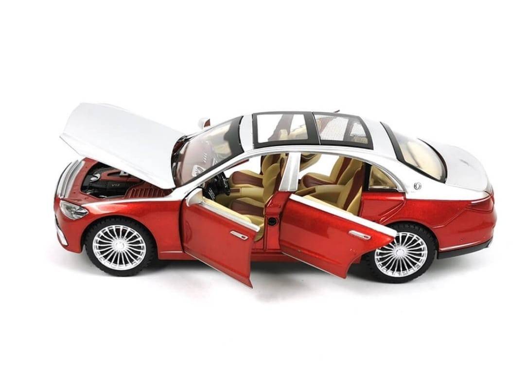 Masinuta metal mecanica, model Maybach S680, scara 1:22, sunete, usi mobile, capota mobila, portbagaj mobil, barlad, rosu, 22