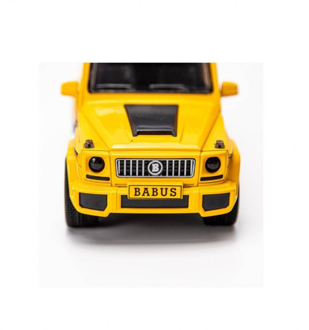 Masinuta metal mecanica, model Mercedes G, scara 1:24, usi mobile, capota mobila, portbagaj mobil, galben, 18 cm