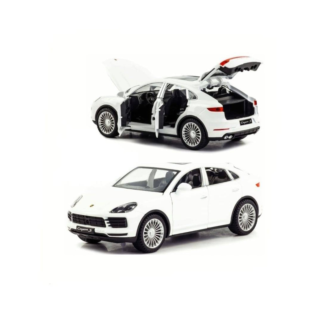 Masinuta metal mecanica, model Porsche Cayenne, scara 1:24, sunete, usi mobile, capota mobila, portbagaj mobil, alb, 19 cm