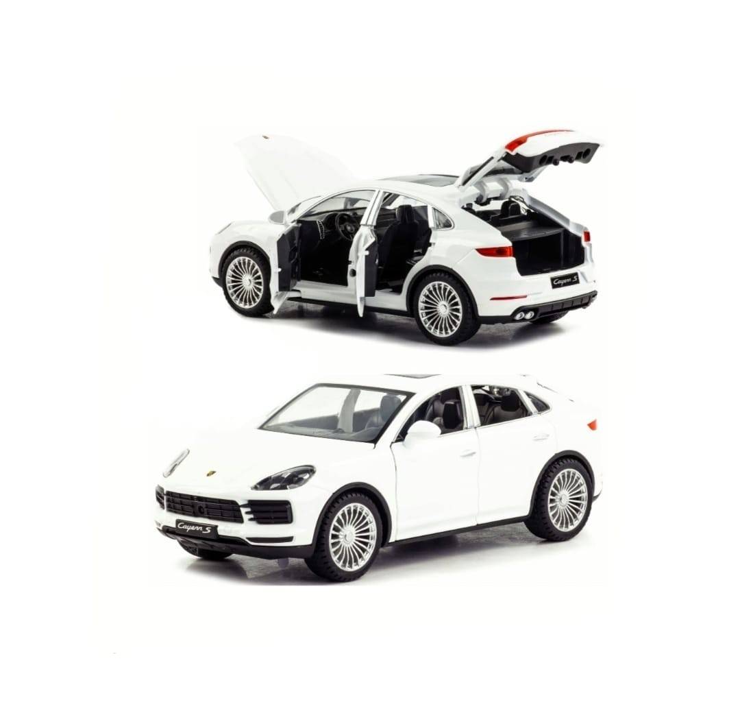 Masinuta metal mecanica, model Porsche Cayenne, scara 1:24, sunete, usi mobile, capota mobila, portbagaj mobil, alb, 19 cm