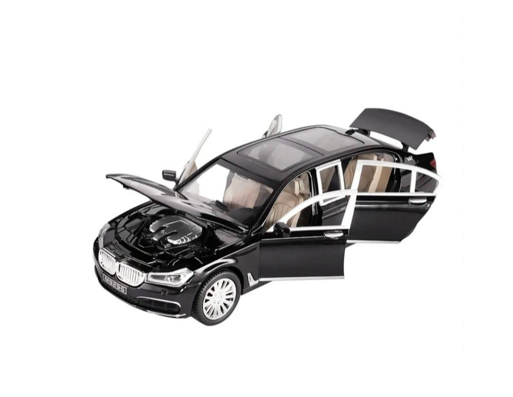 Masinuta metal mecanica, model BMW seria 7, scara 1:24, sunete, usi mobile, capota mobila, portbagaj mobil, negru, 20 cm