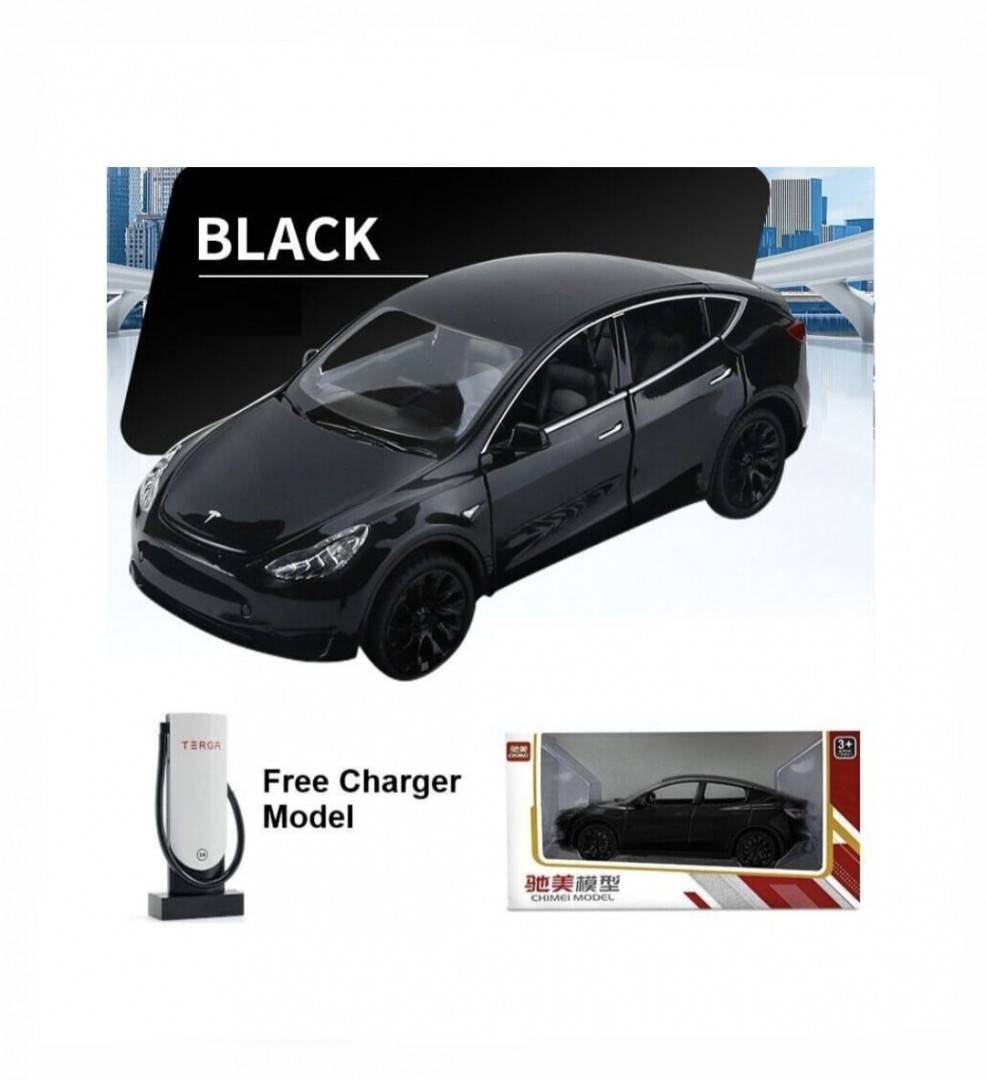 Masinuta metal mecanica, model Tesla Model Y, statie de alimentare, usi mobile, capota mobila, portbagaj mobil, negru, 19.5 c