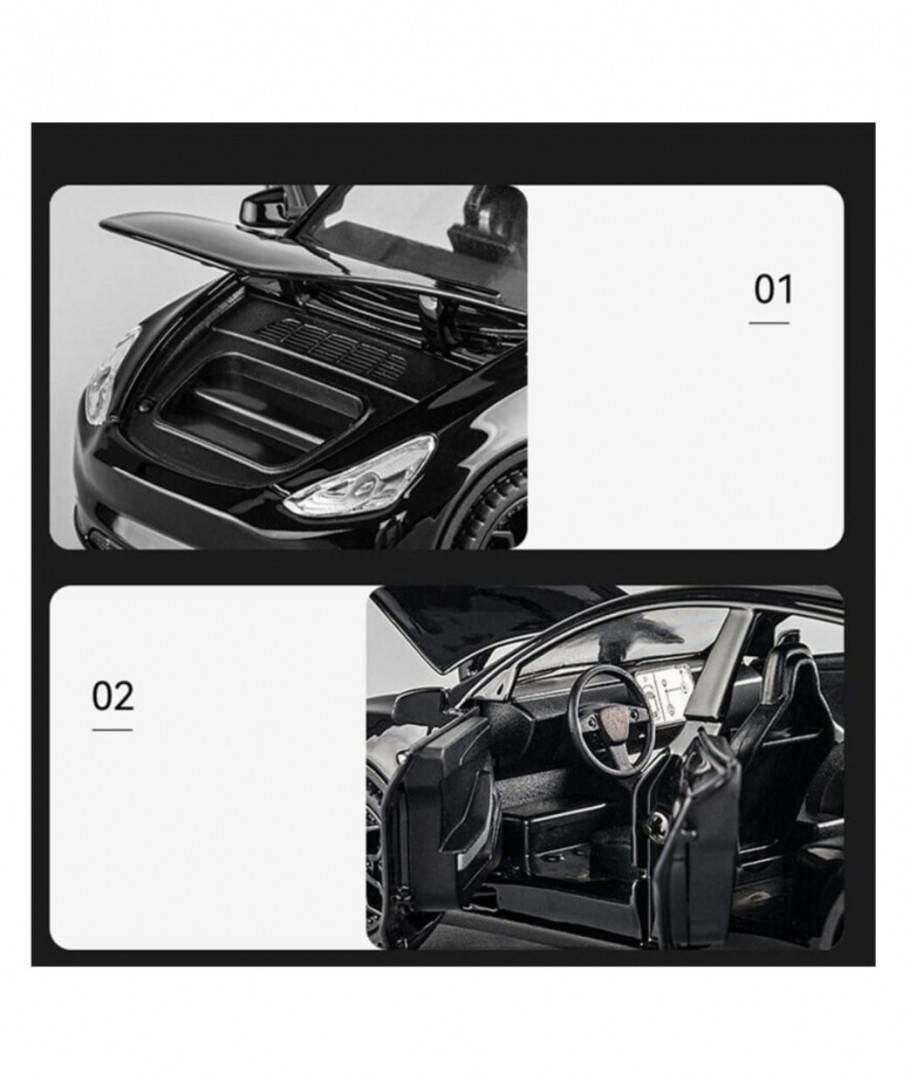 Masinuta metal mecanica, model Tesla Model Y, statie de alimentare, usi mobile, capota mobila, portbagaj mobil, negru, 19.5 c