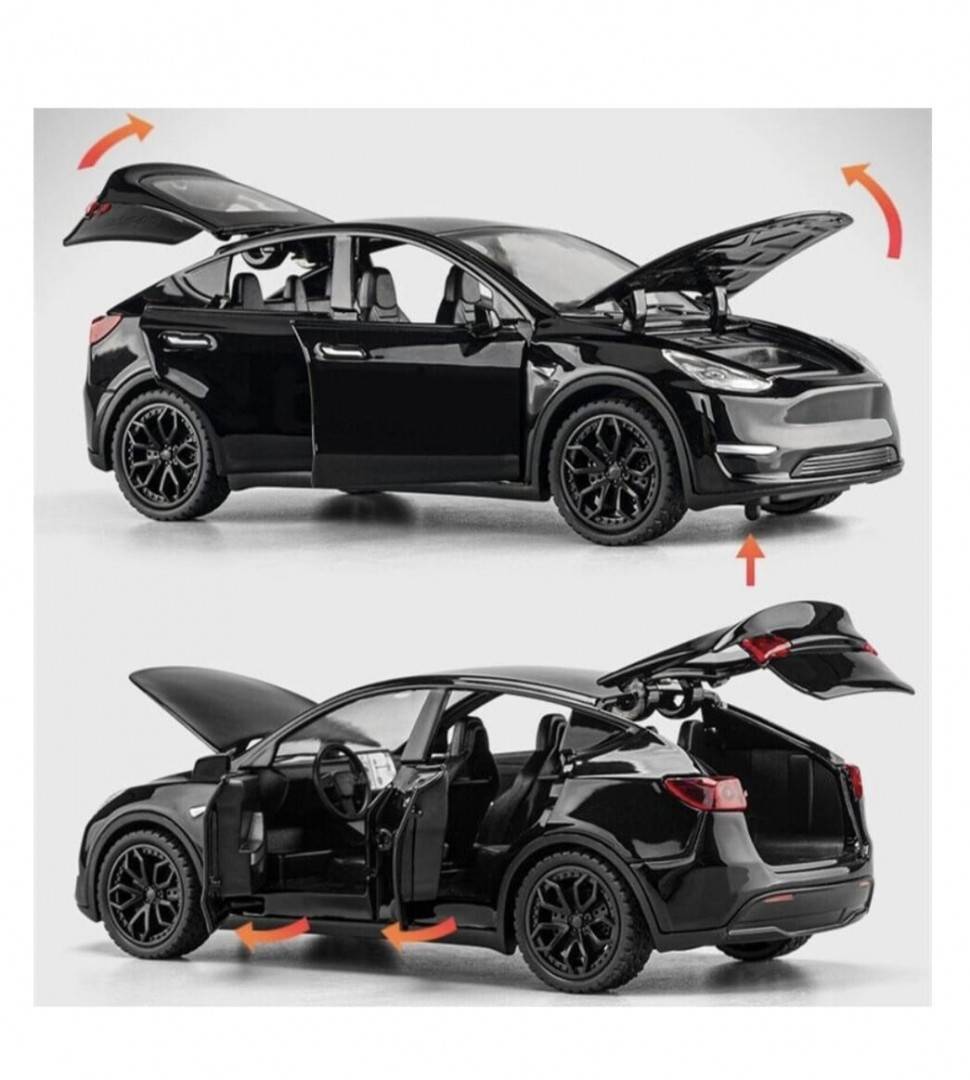 Masinuta metal mecanica, model Tesla Model Y, statie de alimentare, usi mobile, capota mobila, portbagaj mobil, negru, 19.5 c