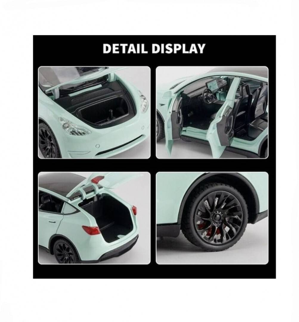 Masinuta metal mecanica, model Tesla Model Y, statie de alimentare, usi mobile, capota mobila, portbagaj mobil, verde deschis