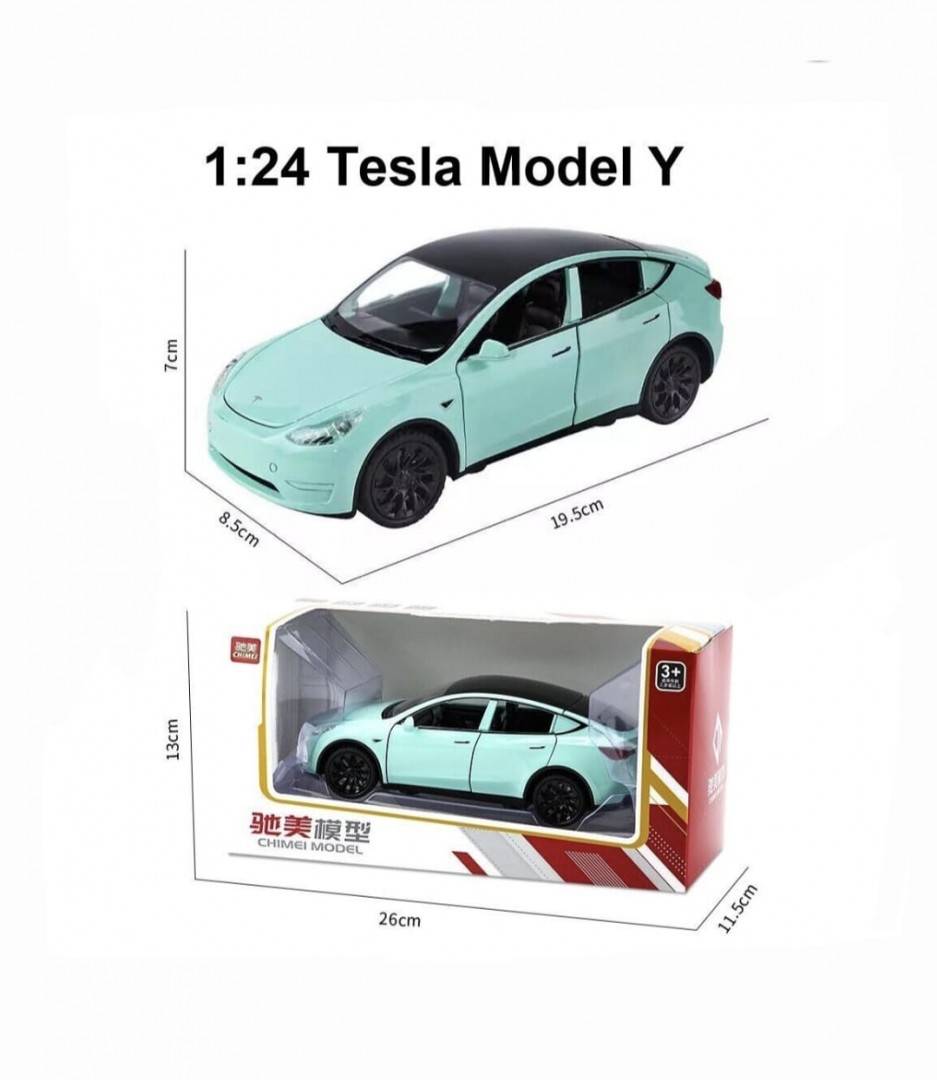Masinuta metal mecanica, model Tesla Model Y, statie de alimentare, usi mobile, capota mobila, portbagaj mobil, verde deschis