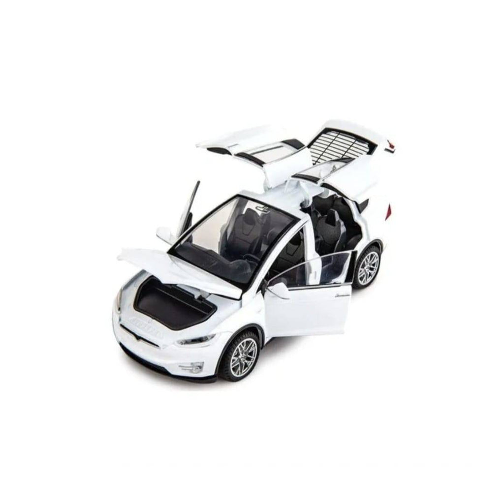 Masinuta metal mecanica, model Tesla X 90D, scara 1:22, sunete, usi mobile, capota mobila, portbagaj mobil, barlad, alb, 22 c