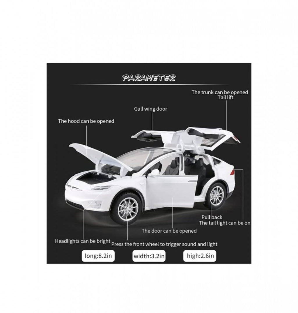 Masinuta metal mecanica, model Tesla X 90D, scara 1:22, sunete, usi mobile, capota mobila, portbagaj mobil, barlad, alb, 22 c