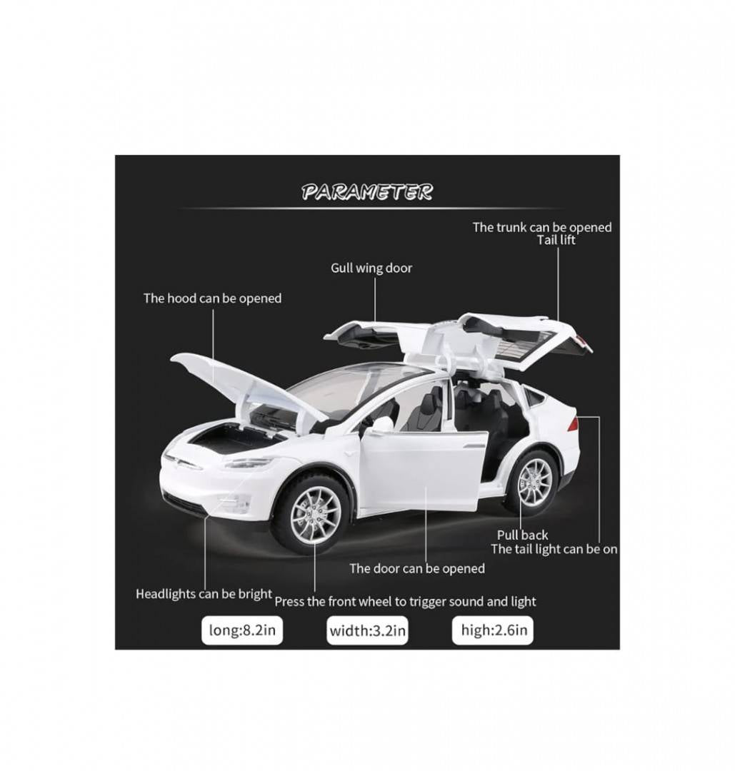 Masinuta metal mecanica, model Tesla X 90D, scara 1:22, sunete, usi mobile, capota mobila, portbagaj mobil, barlad, alb, 22 c