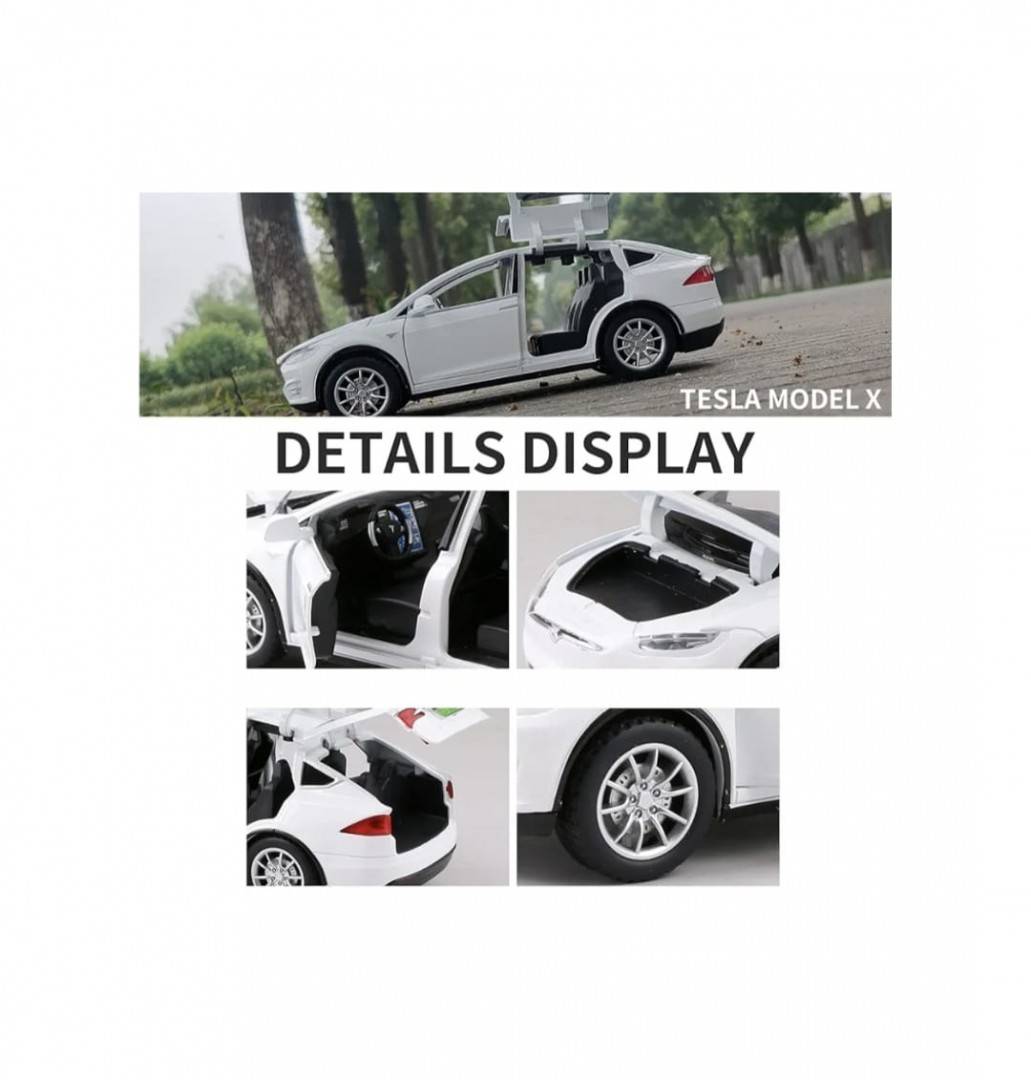 Masinuta metal mecanica, model Tesla X 90D, scara 1:22, sunete, usi mobile, capota mobila, portbagaj mobil, barlad, alb, 22 c