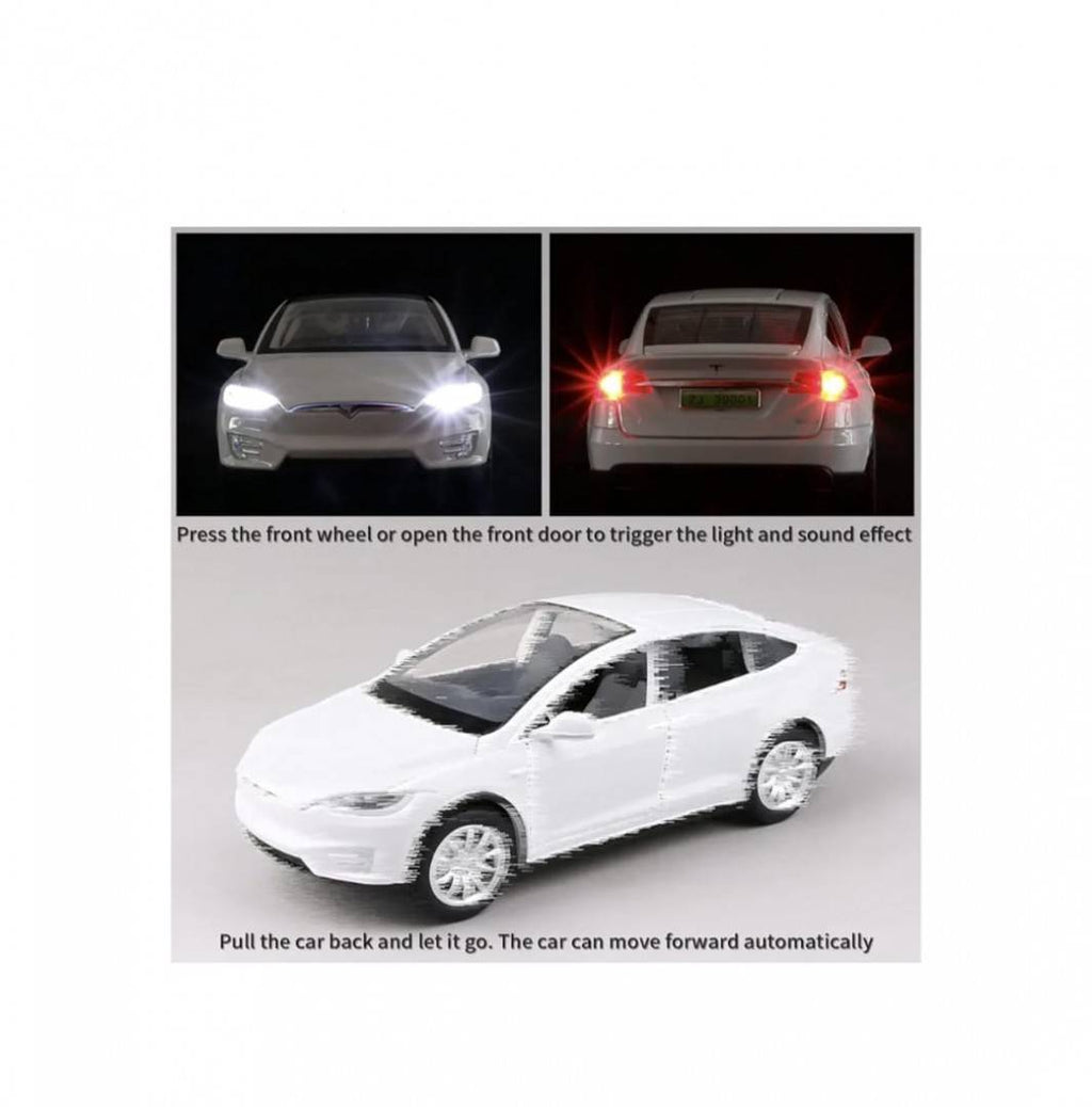 Masinuta metal mecanica, model Tesla X 90D, scara 1:22, sunete, usi mobile, capota mobila, portbagaj mobil, barlad, alb, 22 c