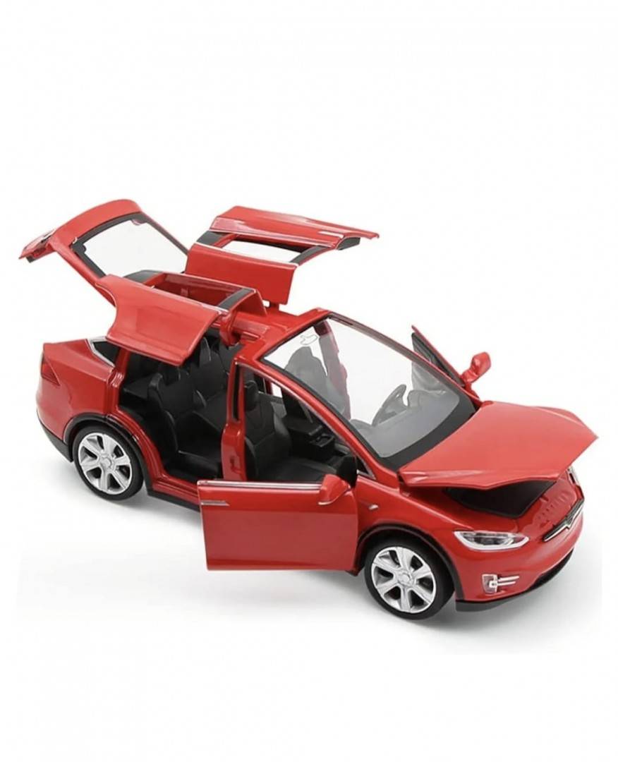 Masinuta metal mecanica, model Tesla X 90D, scara 1:22, sunete, usi mobile, capota mobila, portbagaj mobil, barlad, rosu, 22 