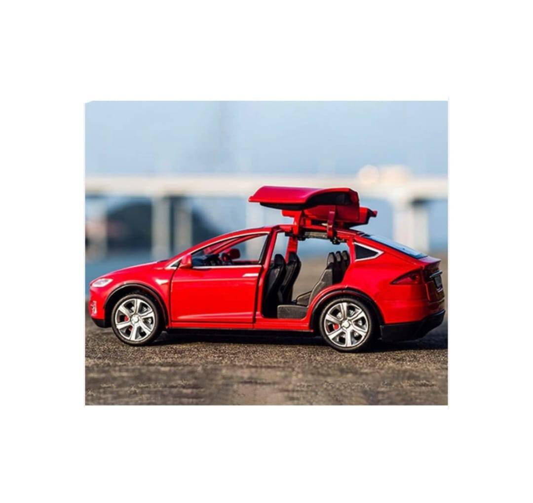 Masinuta metal mecanica, model Tesla X 90D, scara 1:22, sunete, usi mobile, capota mobila, portbagaj mobil, barlad, rosu, 22 