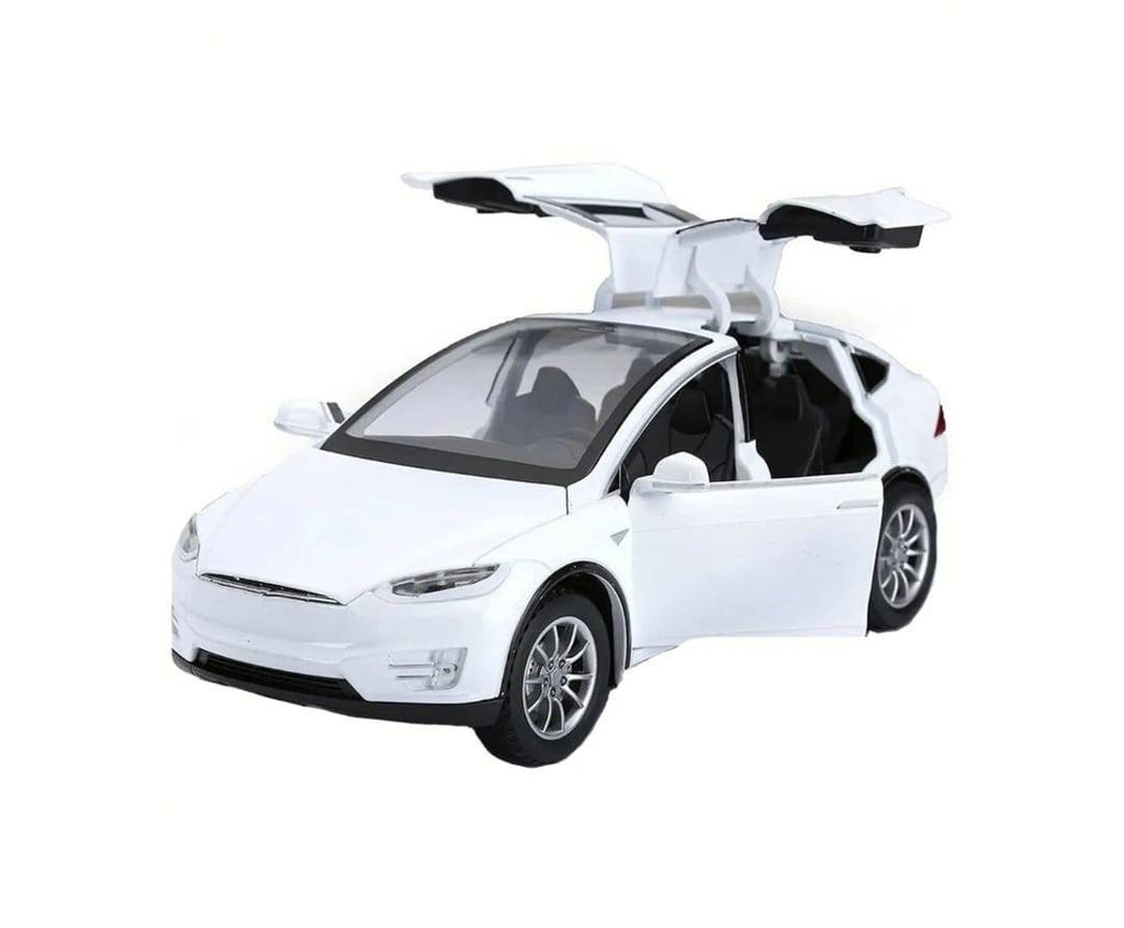 Masinuta metal mecanica, model Tesla X 90D, scara 1:22, sunete, usi mobile, capota mobila, portbagaj mobil, barlad, alb, 22 c