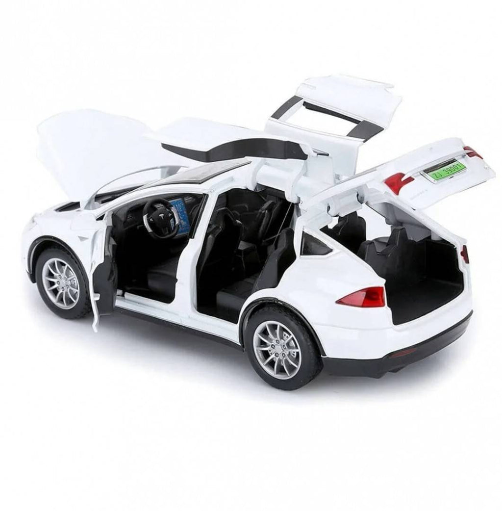Masinuta metal mecanica, model Tesla X 90D, scara 1:22, sunete, usi mobile, capota mobila, portbagaj mobil, barlad, alb, 22 c
