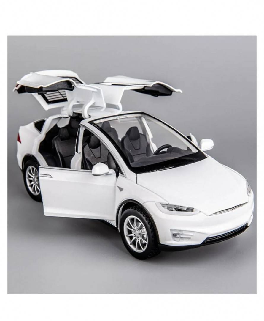 Masinuta metal mecanica, model Tesla X 90D, scara 1:22, sunete, usi mobile, capota mobila, portbagaj mobil, barlad, alb, 22 c
