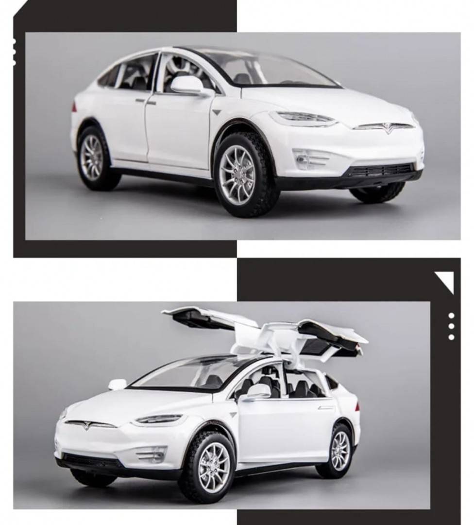 Masinuta metal mecanica, model Tesla X 90D, scara 1:22, sunete, usi mobile, capota mobila, portbagaj mobil, barlad, alb, 22 c