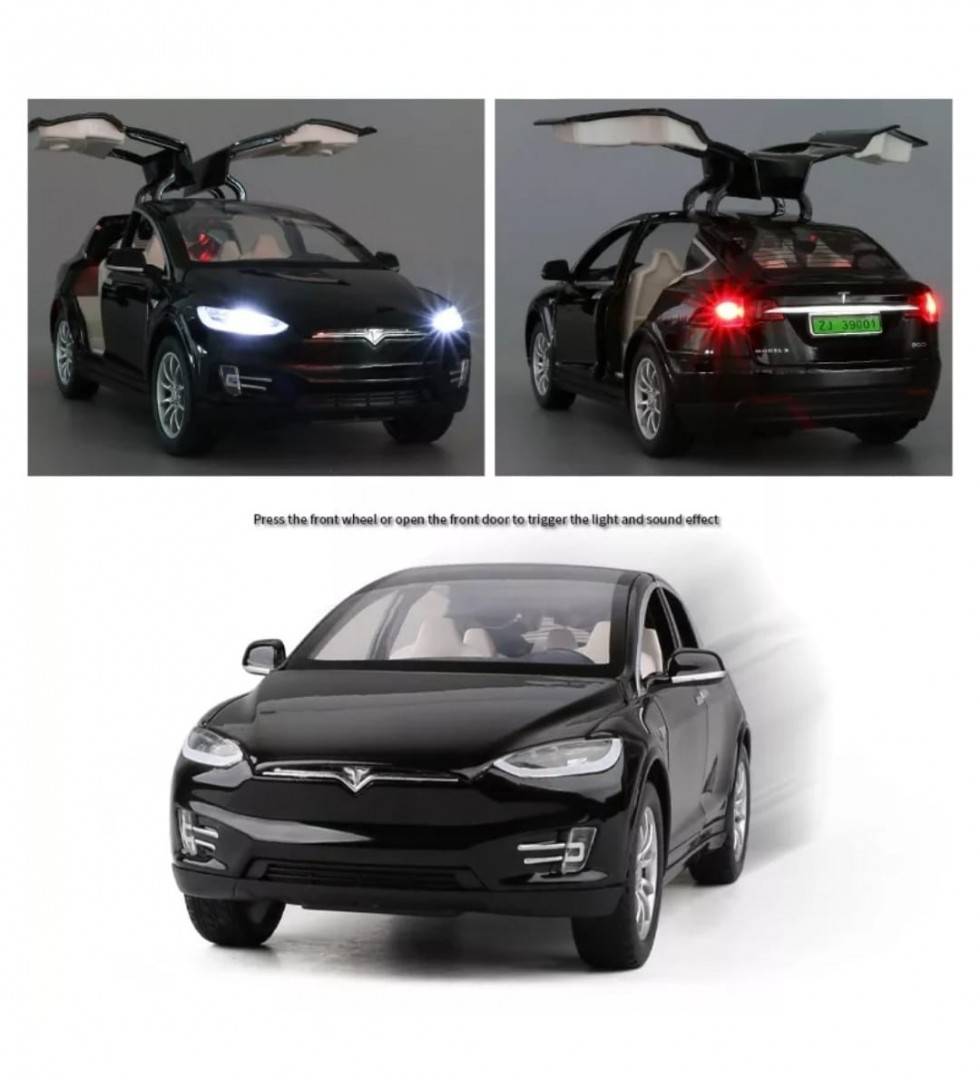 Masinuta metal mecanica, model Tesla X 90D, scara 1:22, sunete, usi mobile, capota mobila, portbagaj mobil, barlad, negru, 22
