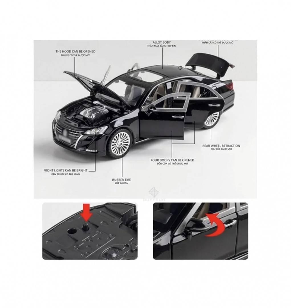 Masinuta metal mecanica, model Toyota Crown, scara 1:24, usi mobile, capota mobila, portbagaj mobil, negru, 22 cm