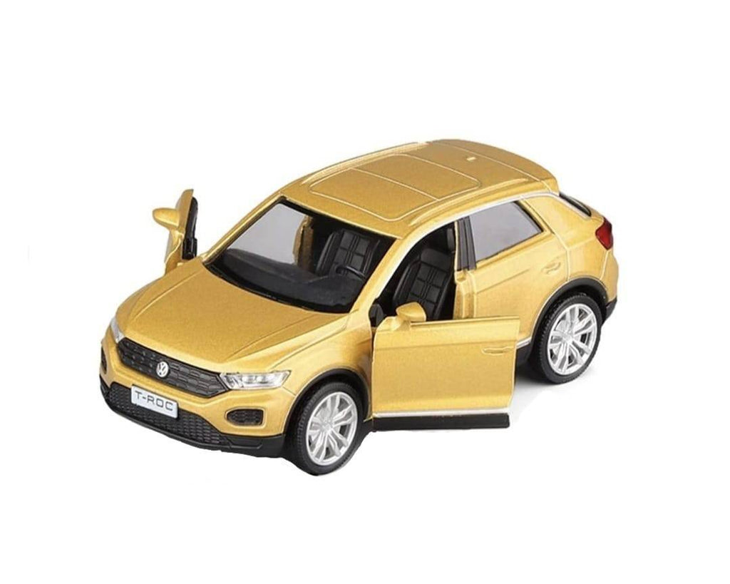 Masinuta metal mecanica, model Volkswagen T-Roc 2017, sunete, 2 usi mobile, scara 1:32, galben, 12 cm