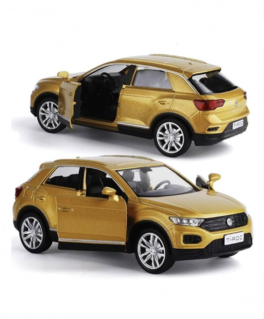 Masinuta metal mecanica, model Volkswagen T-Roc 2017, sunete, 2 usi mobile, scara 1:32, galben, 12 cm