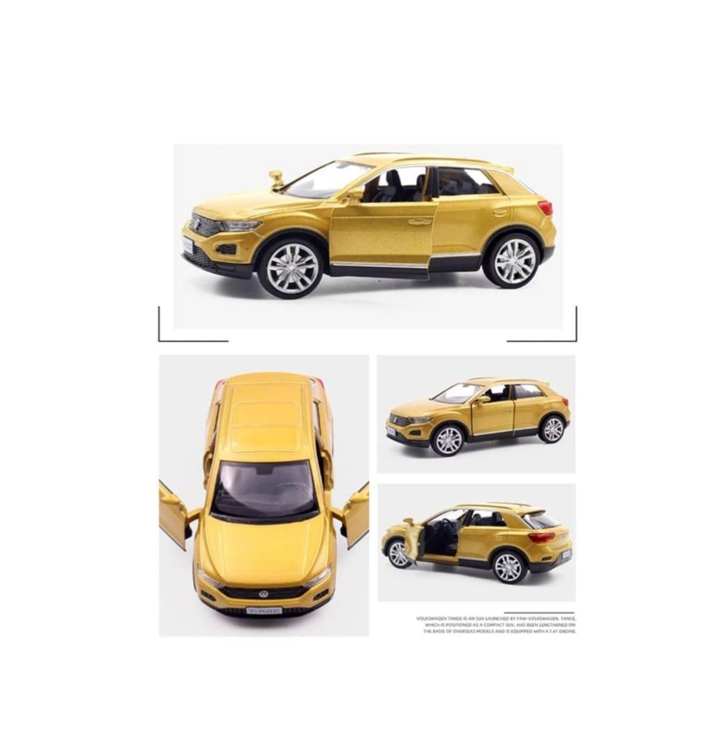Masinuta metal mecanica, model Volkswagen T-Roc 2017, sunete, 2 usi mobile, scara 1:32, galben, 12 cm
