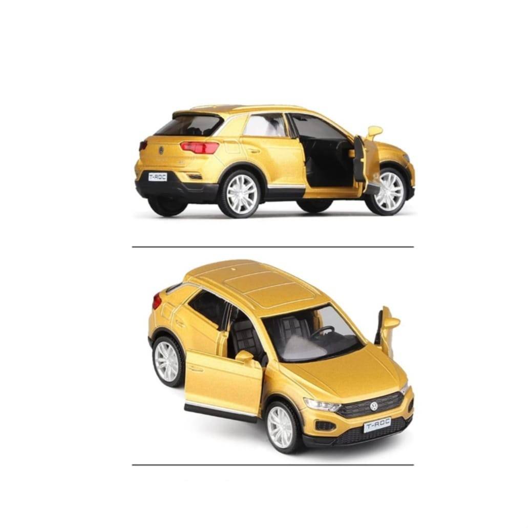 Masinuta metal mecanica, model Volkswagen T-Roc 2017, sunete, 2 usi mobile, scara 1:32, galben, 12 cm
