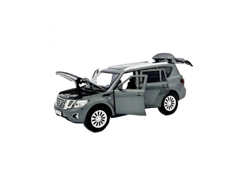 Masinuta metal mecanica, Nissan Patrol Y62, scara 1:32, sunete, usi mobile, capota mobila, portbagaj mobil, gri, 15 cm