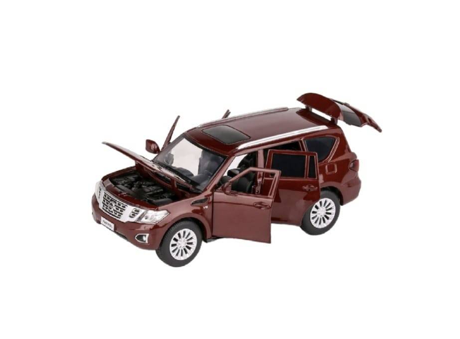 Masinuta metal mecanica, Nissan Patrol Y62, scara 1:32, sunete, usi mobile, capota mobila, portbagaj mobil, maro, 15 cm