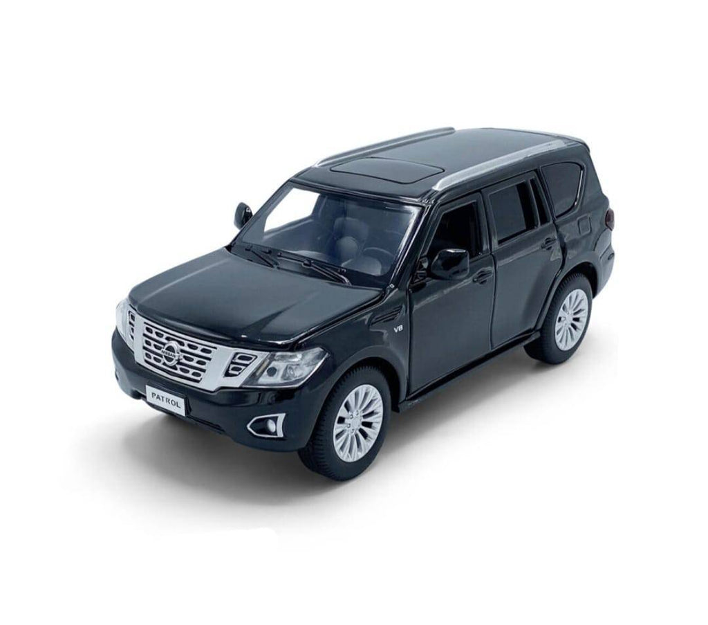 Masinuta metal mecanica, Nissan Patrol Y62, scara 1:32, sunete, usi mobile, capota mobila, portbagaj mobil, negru, 15 cm