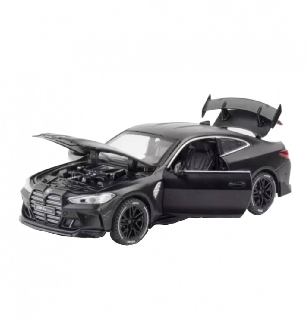 Masinuta metal mecanica, tip BMW M4 Coupe, 3 sunete, usi mobile, capota mobila, portbagaj mobil, negru, 16 cm